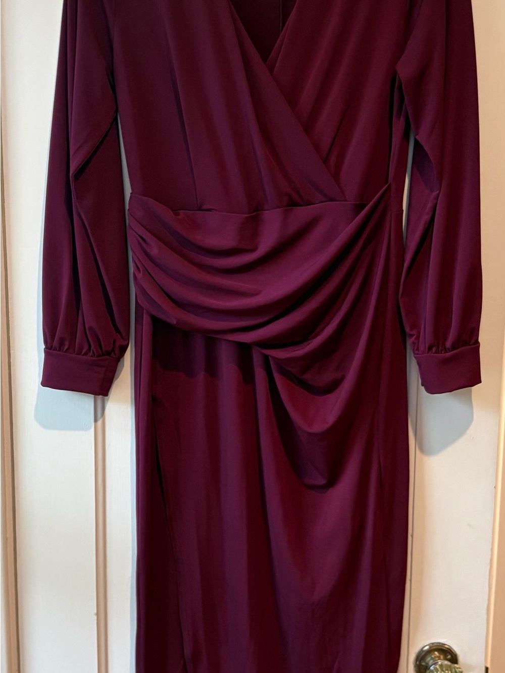 Elegant Burgundy Long-Sleeve Draped Waist Dress